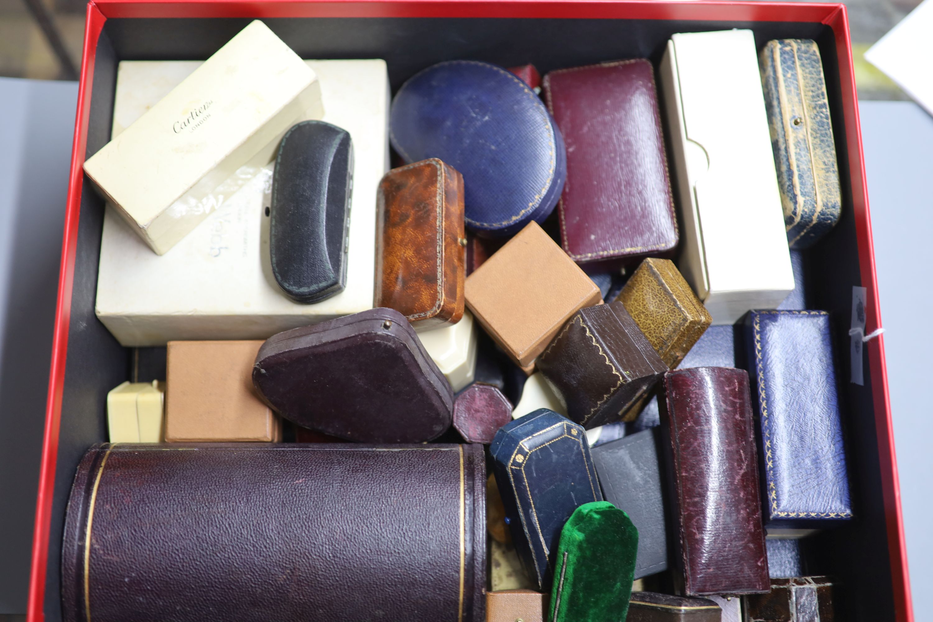 Forty two assorted jewellery boxes, outer boxes and silver cases etc. including Georg Jensen, Cartier etc.